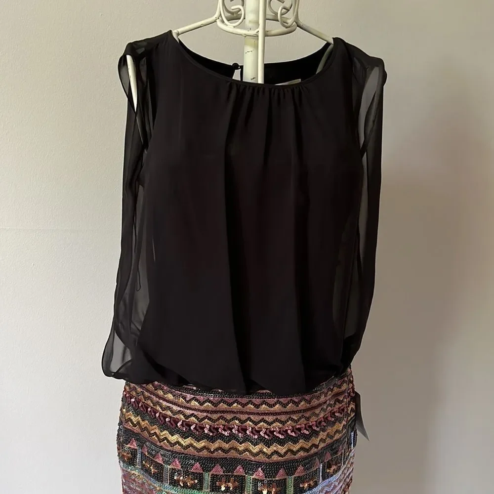 NWT Aiden by Biden Mattox Blk/ Multicolor sequined skirt mini dress - Picture 3 of 8
